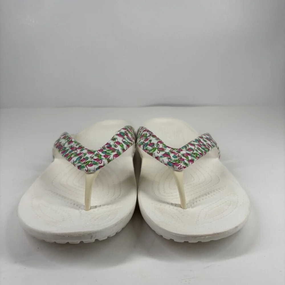 Crocs Kadee II Graphic Flamingo Women's 11 White Comfort Flip-Flop Beach Sandals